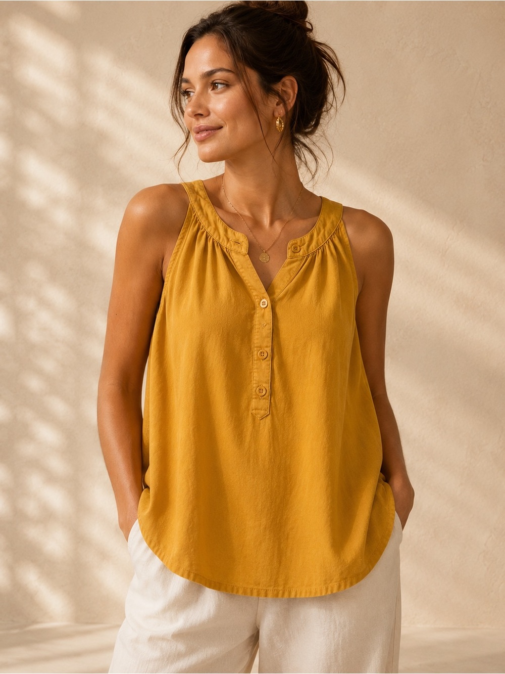 cloth & stone x Anthropologie Mustard Sleeveless Henley Tank Top XS boho chic